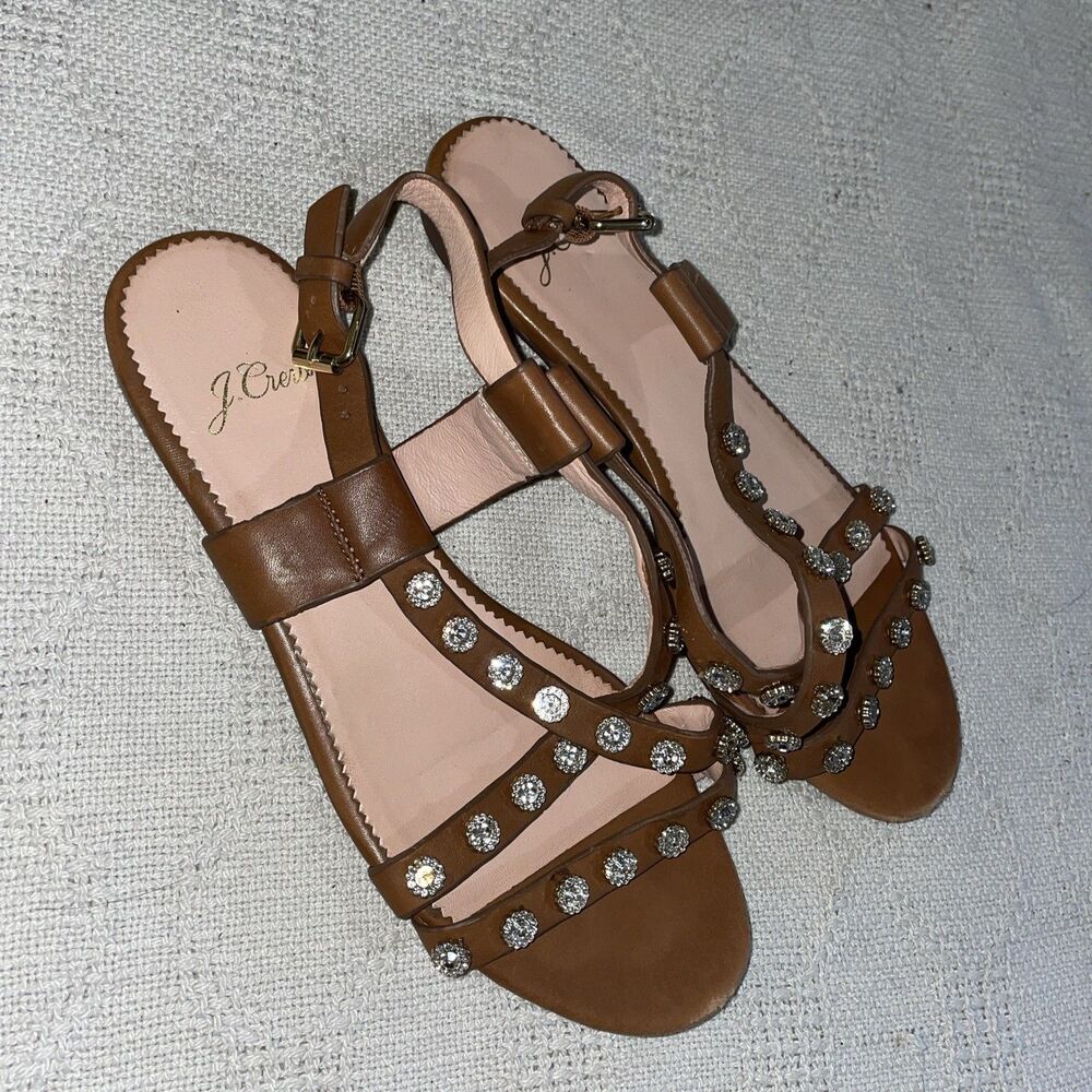 J. Crew Women’s Strappy Sandals Size 7 M Brown Leather Faux Jewels Beach Cruise